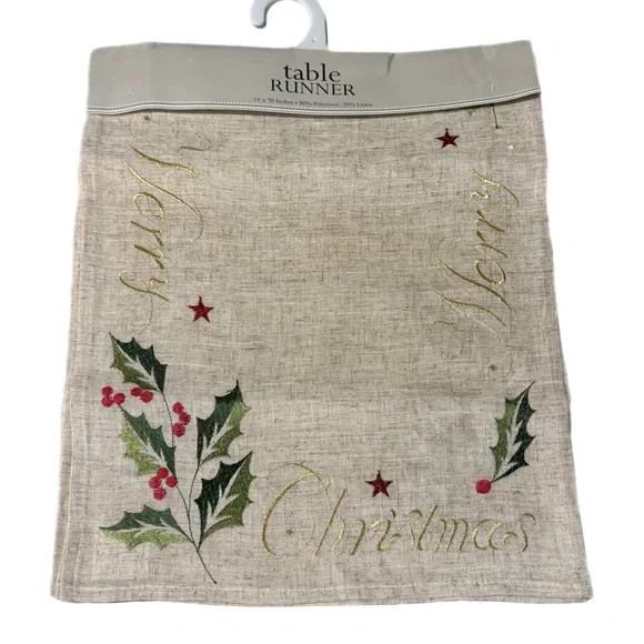 DII Design Imports Embroidered Linen Merry Christmas Holly Table Runner - Picture 2 of 3